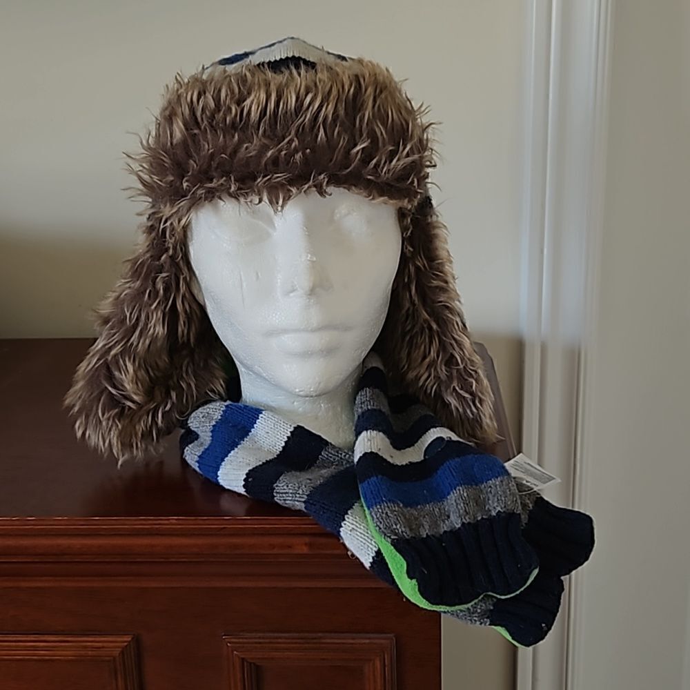 Gap Boy's Winter Trapper Hat With Faux Fur Trim & Scarf One Size Small Blue/Gray